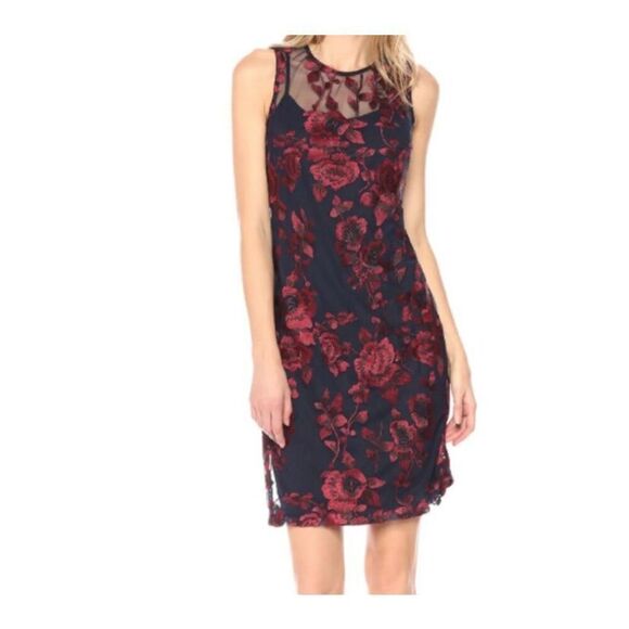 Donna Ricco embroidered illusion red and navy blue, sheer lace dress size small - Picture 1 of 6